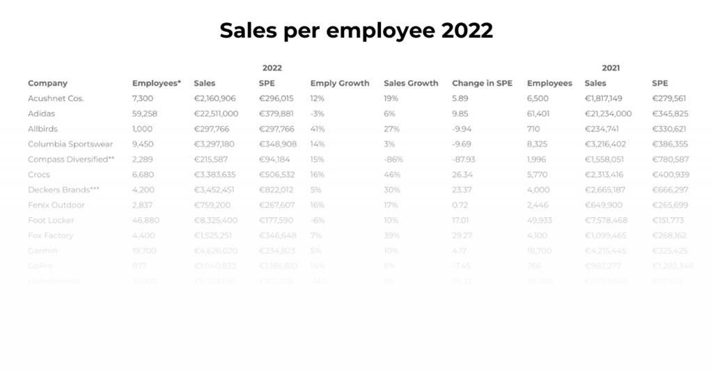 Sales per employee 2022 at sporting goods companies Infographics
