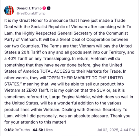 Trump Truth Social post of July 2