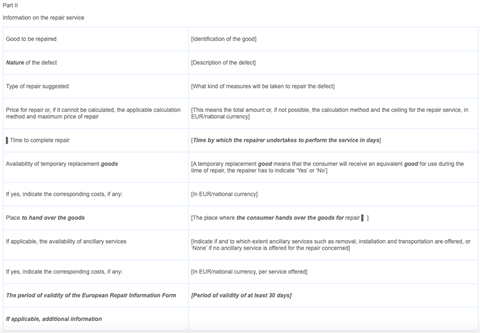 European Repair Information Form - Part II