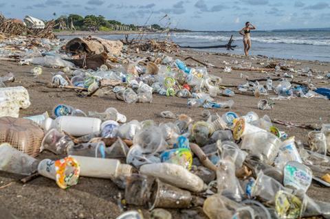 Canggu Beach in Bali covered by piles of debris and plastic waste