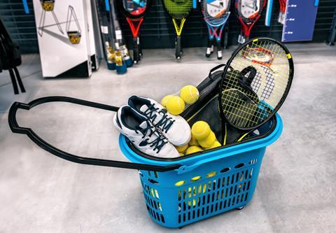 Shopping basket with sporting goods