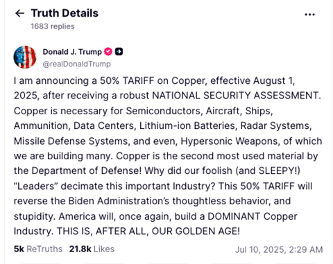 Trump Truth post on copper tariff