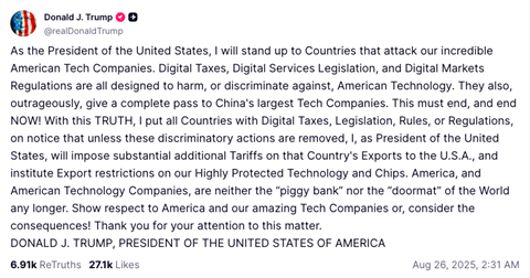 Trump Truth Social post of Aug 26 (tech companies, digital regulations)